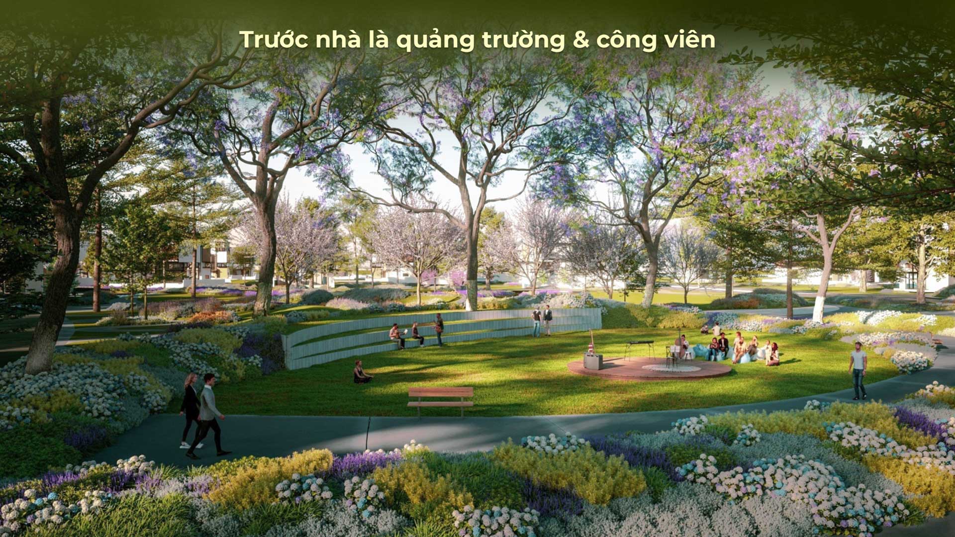 Các khu vườn xanh mát, hồ nước trong dự án, thể hiện sự hòa quyện với thiên nhiên.