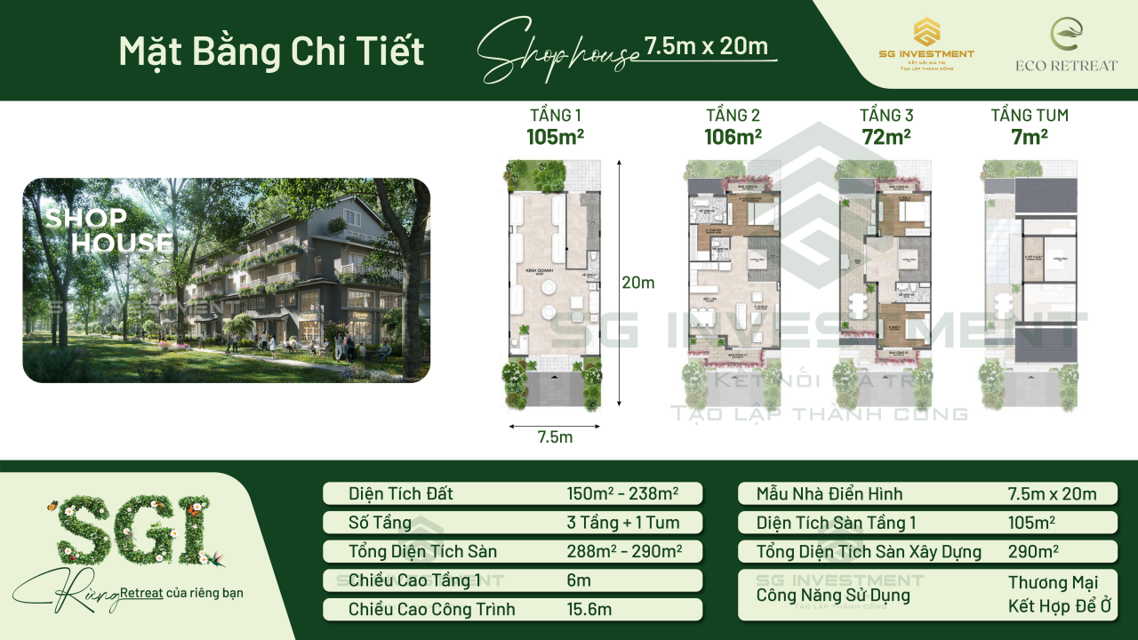 Mặt bằng Shop House 7.5mx20m Eco Retreat